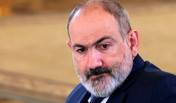 Armenian Prime Minister Nikol Pashinyan on the sidelines of the Eurasian Economic Union Forum at the Kremlin, in Moscow, Russia, Thursday, May 25, 2023. (Kremlin Pool Photo via AP)