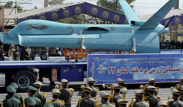 An Iranian Kaman-22 drone is carried on a truck during an annual military parade Iran, September 22, 2023. (AP)