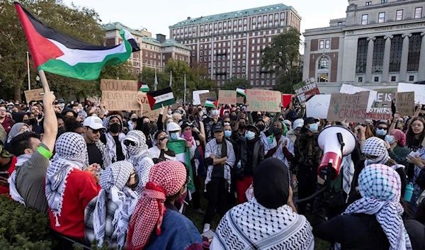 Pro-Palestinian demonstrators gather for a protest at Columbia University, Thursday, Oct. 12, 2023, in New York (AP Photo/Yuki Iwamura)