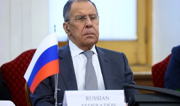 In this photo released by Russian Foreign Ministry Press Service, Russian Foreign Minister Sergey Lavrov attends the 3+3 meeting in Tehran, Monday, Oct. 23, 2023. (Russian Foreign Ministry Press Service via AP)