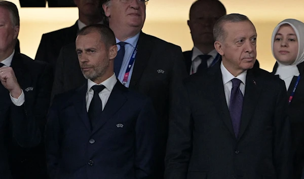 UEFA President Aleksander Ceferin with President Recep Tayyip Erdoğan at the Ataturk Olympic Stadium, Istanbul, Türkiye, June 10, 2023. (AFP Photo)