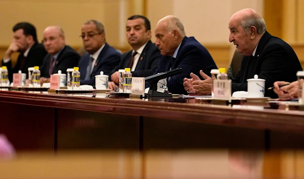 Algerian President Abdelmadjid Tebboune, speaks during a meeting with Chinese Premier Li Qiang, unseen, at the Great Hall of the People in Beijing, July 19, 2023 (AP)