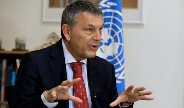 The Commissioner-General of UNRWA, Philippe Lazzarini, speaks during an interview with The Associated Press at the UN relief agency headquarters in Beirut, Lebanon, September 16, 2020. (AP)