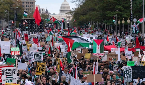 thousands of protesters rally during a pro-Palestinian demonstration at Freedom Plaza in Washington, Saturday, Nov. 4, 2023 (AP)