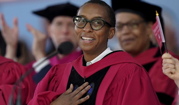 Claudine Gay addresses an audience during commencement ceremonies on Harvard's campus, in Cambridge, Mass on May 25, 2023. (AP)