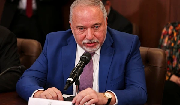 Former Israeli Finance Minister Avigdor Lieberman speaks at the weekly cabinet meeting, Occupied Al-Quds, Sunday, Feb. 13, 2022 (AP)