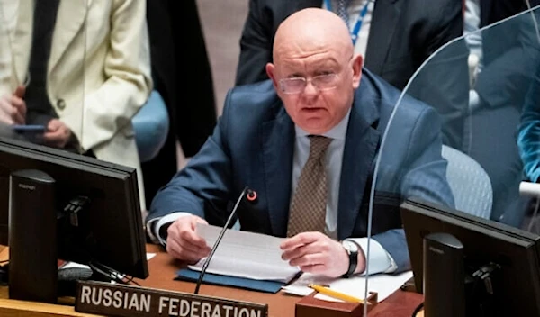 Vassily Nebenzia, permanent representative of Russia to the United Nations, speaks during a meeting of the UN Security Council, March 29, 2022, at United Nations headquarters (AP/John Minchillo)