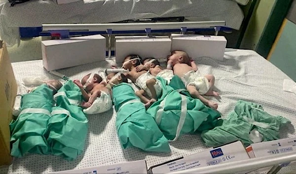 Footage shared by the Gaza Ministry of Health reveals multiple premature babies, previously removed from their incubators at the hospital, now huddled together and placed in a single bed.