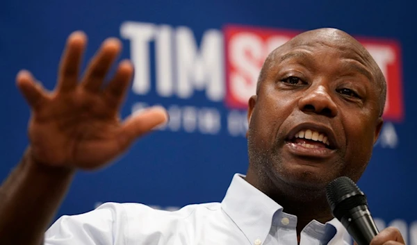 Republican Senator Tim Scott speaks during a meet and greet, Tuesday, Oct. 24, 2023, in Indianola, Iowa (AP)