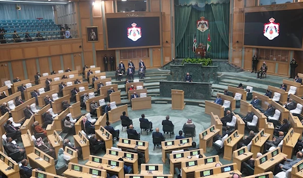 Jordanian King Abdullah II makes a speech at the parliament building during the inauguration of the new term of the Jordanian Parliament, in Amman, Jordan on November 15, 2021 (Royal Hashemite Court handout)