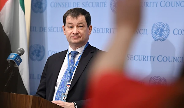 Dmitry Polyanskiy, First Deputy Permanent Representative of Russia's mission to the United Nations, during a news conference at the United Nations Headquarters in New York on April 25, 2022. (AP)