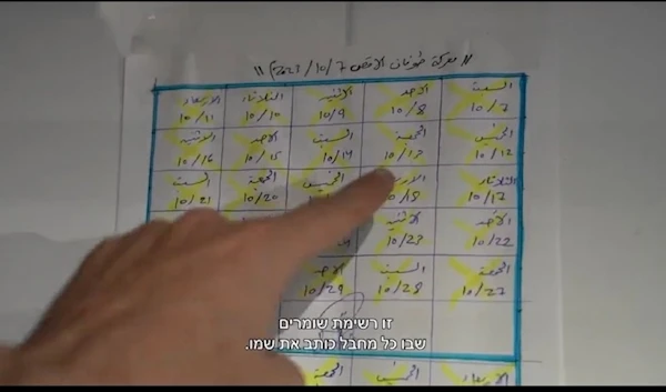 A screenshot from the video of the IOF spokesperson pointing at a hospital rotation calendar at Al-Rantisi Children hospital dubbing it proof of hostages being kept there, on November 13, 2023. (AP)