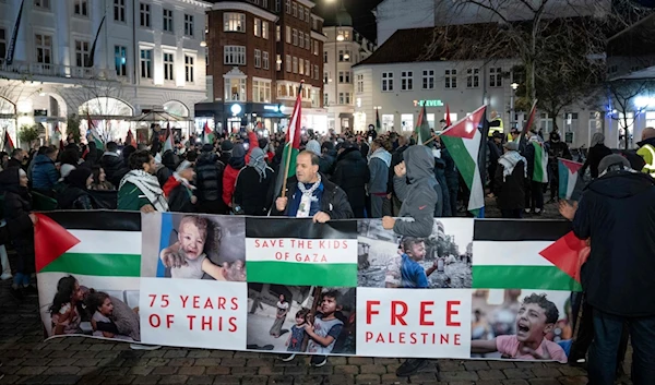 Protestors in Denmark demand an end to arm sales to 'Israel'.