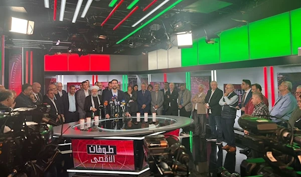 Journalists and political figures participated in a solidarity stand with Al Mayadeen in its Beirut headquarters.