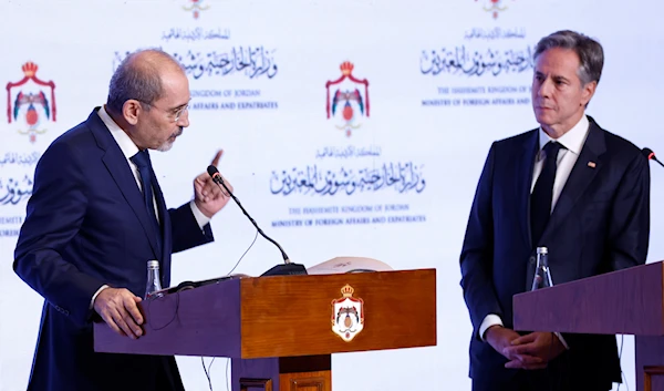 U.S. Secretary of State Antony Blinken, right, and Jordanian Deputy Prime Minister and Foreign Minister Ayman Safadi attend a press conference in Amman, Jordan, Saturday, Nov. 4, 2023. (AP)