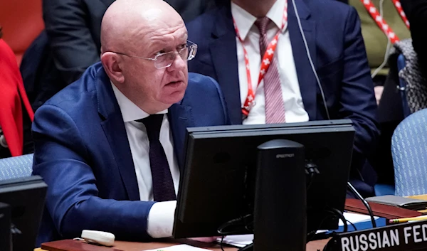 Russia's U.N. Ambassador Vassily Nebenzia addresses members during the U.N. Security Council meeting at United Nations headquarters. Monday, Oct. 30, 2023. (AP)