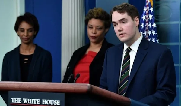 White House deputy press secretary Andrew Bates speaks as Director of the Office of Management and Budget Shalanda Young in Washington, D.C., on March 28, 2022. (AFP)