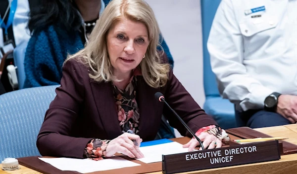 Executive Director of UNICEF Catherine Russell addresses members of the U.N. Security Council at United Nations headquarters Monday, Oct. 30, 2023. (AP Photo/Eduardo Munoz Alvarez)