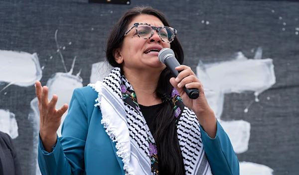 Rep. Rashida Tlaib, D-Mich., speaks during a rally at the National Mall during a pro-Palestinian demonstration in Washington, Oct. 20, 2023. (AP)