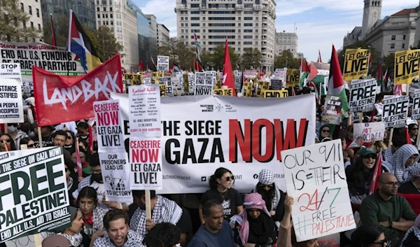 Anti-war activists rally during a pro-Palestinian demonstration asking to ceasefire in Gaza, at Freedom Plaza in Washington, Saturday, Nov.4, 2023. (AP)