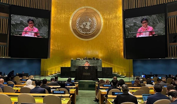 Indonesian Foreign Minister Retno Marsudi speaks before delegates at the UN General Assembly on November 28, 2023. (Twitter)