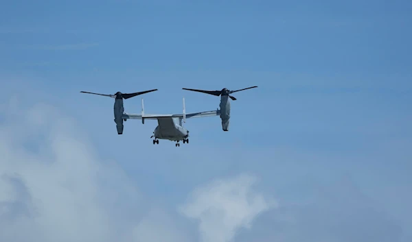 A U.S. MV-22B Osprey transport aircraft flies back to the U.S. Marine Corps Air Station Futenma in Ginowan, south of Okinawa, southern Japan, Wednesday, Sept. 6, 2023. (AP)