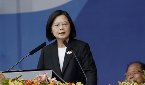 Taiwanese President Tsai Ing-wen delivers a speech during National Day celebrations in front of the Presidential Building in Taipei, Taiwan Tuesday, Oct. 10, 2023 (AP Photo/Chiang Ying-ying)