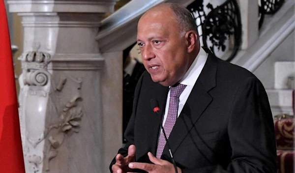 Egypt's Foreign Minister Sameh Shoukry speaks during a joint press conference with the Turkish foreign minister in Cairo on October 14, 2023. (AFP)