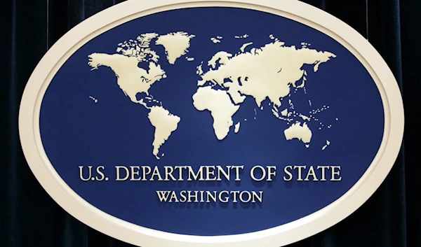 The sign used as the backdrop for press briefings at the U.S. Department of State, Aug. 10, 2006 (AP)