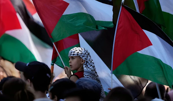 A young boy waves his flag among others as people gather in central Sydney for a rally Sunday, Oct. 15, 2023 (AP)