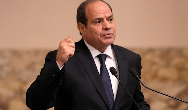 Egyptian President Abdel Fattah el-Sissi gestures during a joint press conference with French President Emmanuel Macron in Cairo, Egypt, Wednesday, Oct. 25, 2023. (AP)