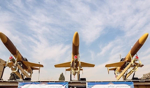 Karrar drones, equipped with air-to-air Majid missiles, join Iran Army's Air Defense Force during a ceremony at Khatam al-Anbia Air Defense Academy in Tehran on December 10, 2023. (Photo by Tasnim news agency)