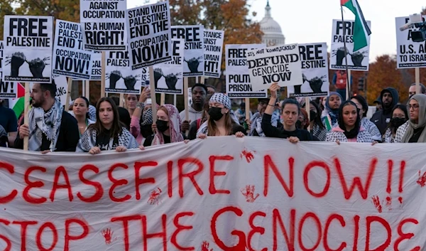 Protesters rally during a pro-Palestinian demonstration asking for a cease fire in Gaza at Union Station in Washington, November 17, 2023 (AP)