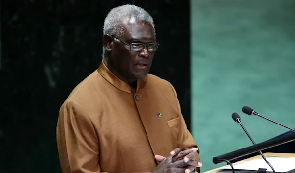 Manasseh Sogavare, Prime Minister of the Solomon Islands, addresses the 78th United Nations General Assembly at UN headquarters in New York City on September 22, 2023 (AFP)