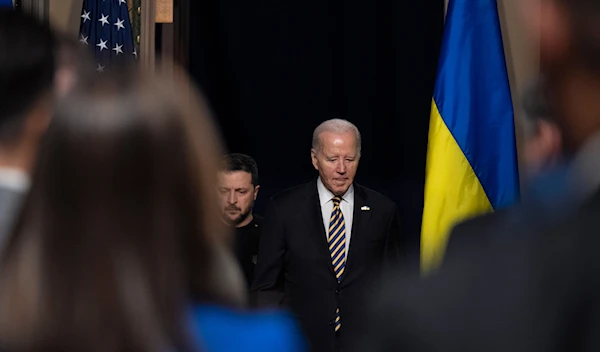 President Joe Biden and Ukrainian President Volodymyr Zelensky in the Eisenhower Executive Office Building on the White House Campus, Tuesday, Dec. 12, 2023, in Washington. (AP)