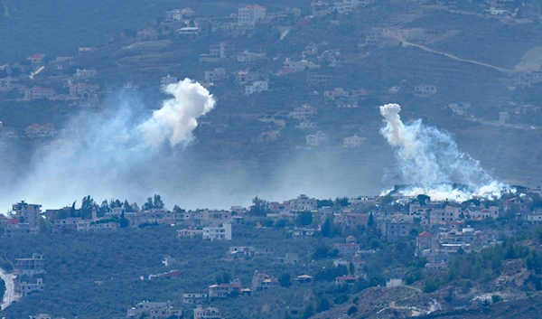 A shell that appears to be white phosphorus from Israeli artillery explodes over Kfar Kila, a Lebanese border village with Israel, as it seen from Marjayoun town in south Lebanon, Wednesday, Nov. 22, 2023. (AP)