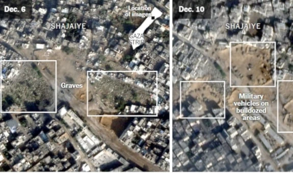 Satellite images showing a bulldozed cemetery in Gaza's Shujaiya (Planet Labs/NYT)