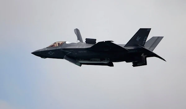 A United States Marine Corps F-35B Lightning II takes part in an aerial display during the Singapore Airshow 2022 at Changi Exhibition Centre in Singapore, Feb. 15, 2022 (AP)