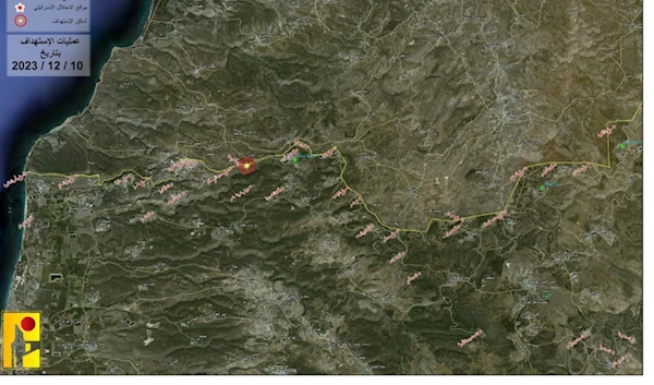 Digital map of representing the site of the operation, December 16, 2023 (Lebanese Resistance Military Media)