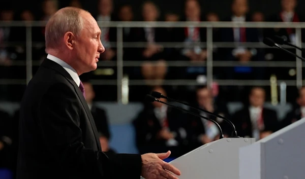 Russian President Vladimir Putin speaks addressing the 4th Railway Congress at the Luzhniki Olympic Complex in Moscow, Russia, Friday, Dec. 15, 2023. (AP)