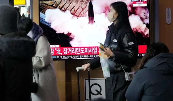 A news broadcast in Seoul on Monday, with footage from an earlier North Korean missile launch. (AP)