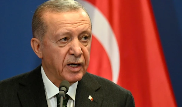 Turkey's President Recep Tayyip Erdogan speaks during a joint statement with Hungary's Prime Minister Viktor Orban at the Carmelite Monastery in Budapest, Hungary, Monday, Dec. 18, 2023. (AP)