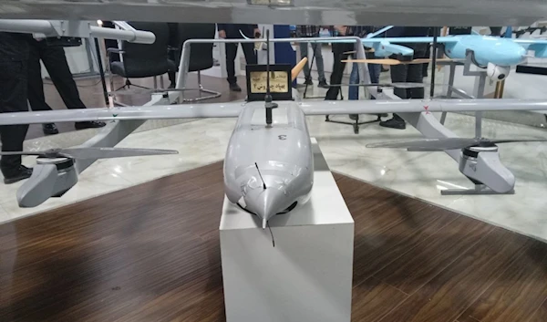 Iranian homegrown vertical take-off and landing (VTOL) drone, dubbed Chamrosh-4, displaced at an exhibition arranged by the Islamic Republic of Iran Navy in Tehran, Iran, on December 2, 2023. (IRNA)