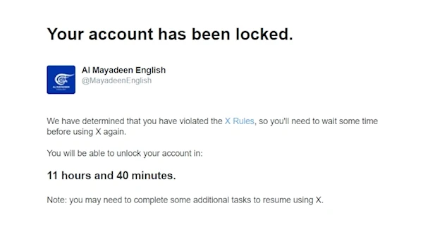 Al Mayadeen English temporarily banned on X for 12 hours. (ScreenShot)