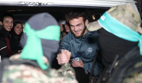 Screenshot from a video released on November 30, 2023, depicting the release of Israeli captives that were held by Hamas in the occupied Gaza Strip. (Military media)