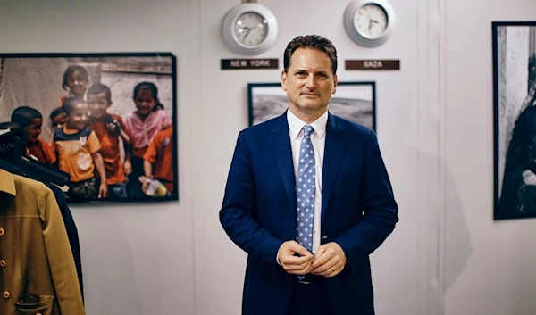 Head of the UN agency for Palestinian refugees, Pierre Krahenbuhl poses for a portrait on Thursday, Sept. 27, 2018, in New York. (AP Photo/Andres Kudacki)