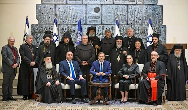 An image showing the leaders of the Christian communities in occupied Palestine, the Holy Land, at the Israeli occupation President's Residence days ahead of Christmas on December 22, 2023. (Social Media)