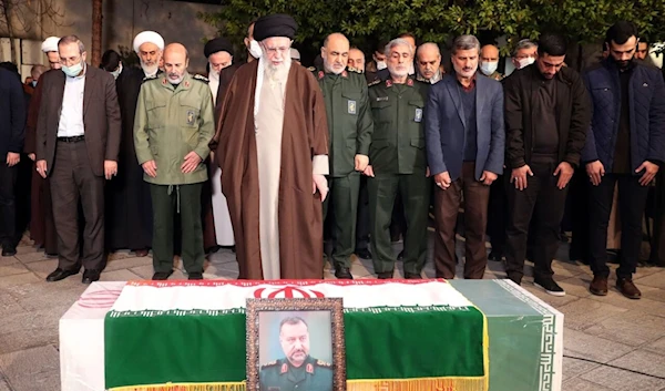 Sayyed Khamenei attends funeral of Seyyed Razi Mousavi.