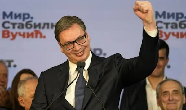 - Serbian President Aleksandar Vucic declaring victory in the presidential election on April 4, 2022 (AP)