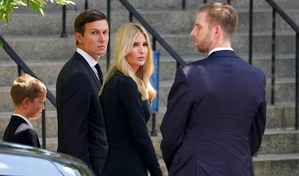 From right, Eric Trump, Ivanka Trump and Jared Kushner arrive for the funeral of Ivana Trump, Wednesday, July 20, 2022, in New York (AP Photo/John Minchillo)